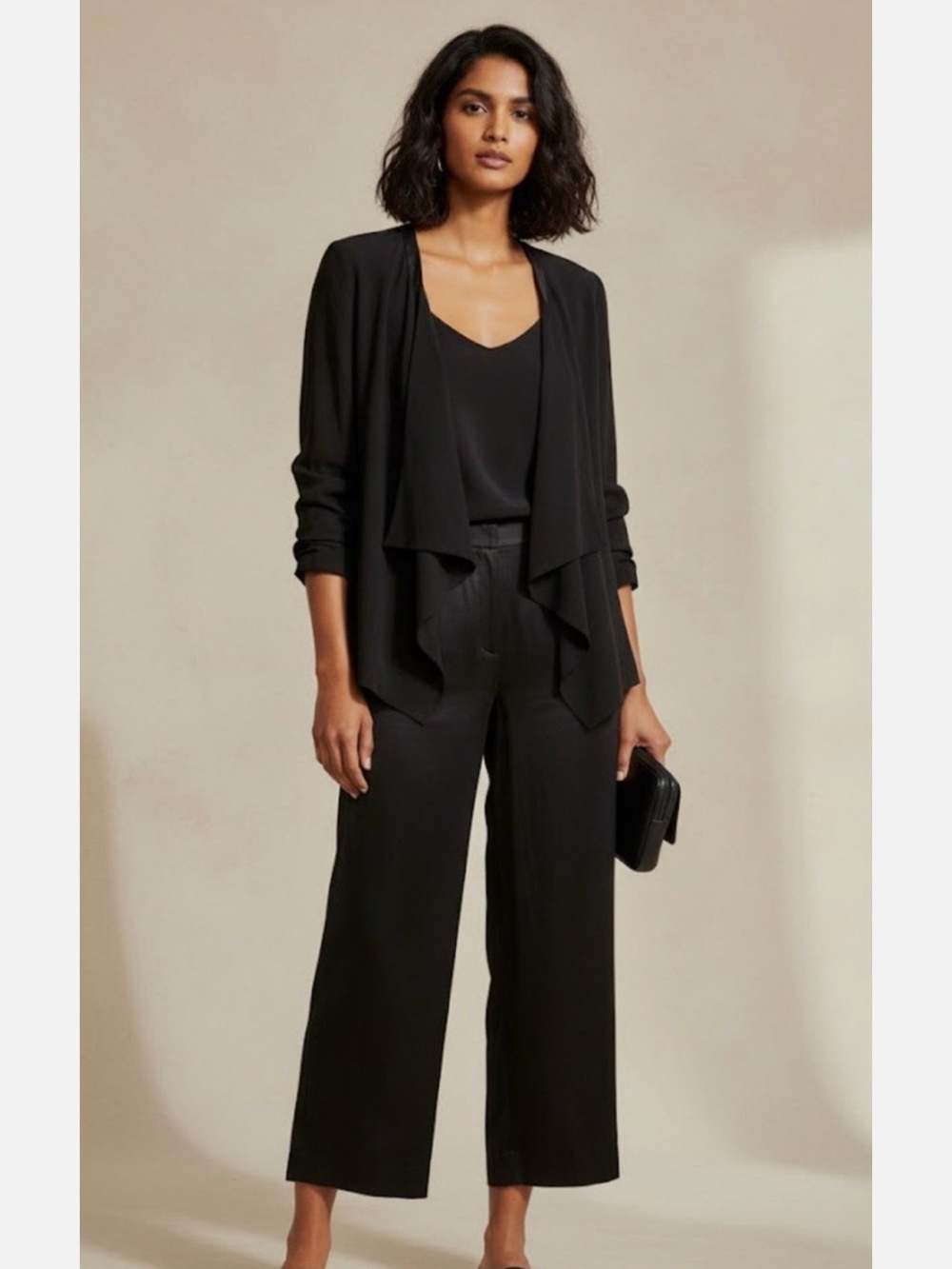 Eileen Fisher Black Silk Georgette Crepe Jacket Leather Trim Small Petite